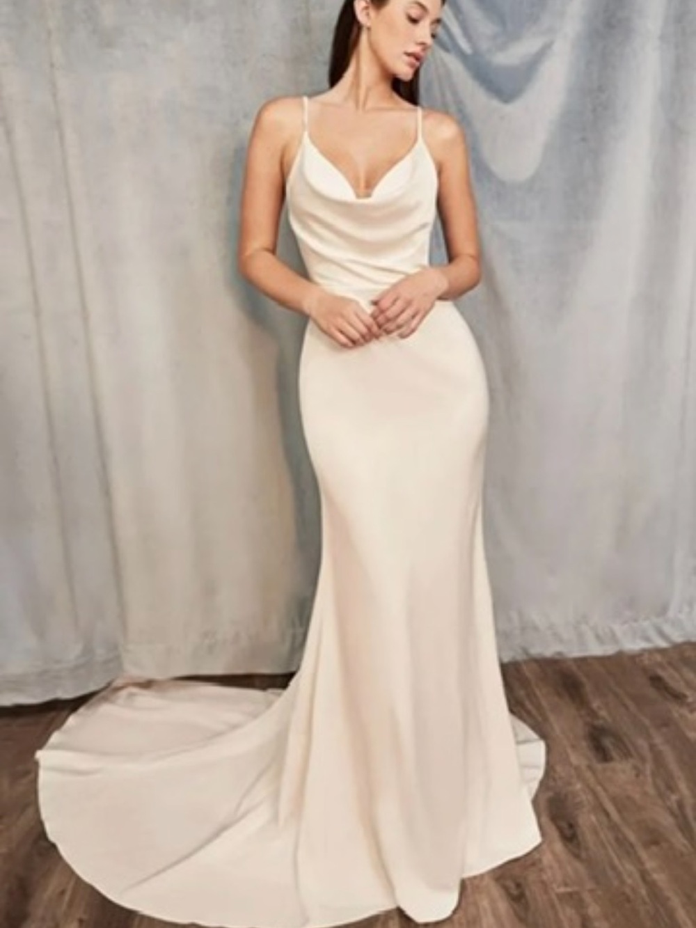 Elegant Cream Cowl Neck Spaghetti Strap Dress